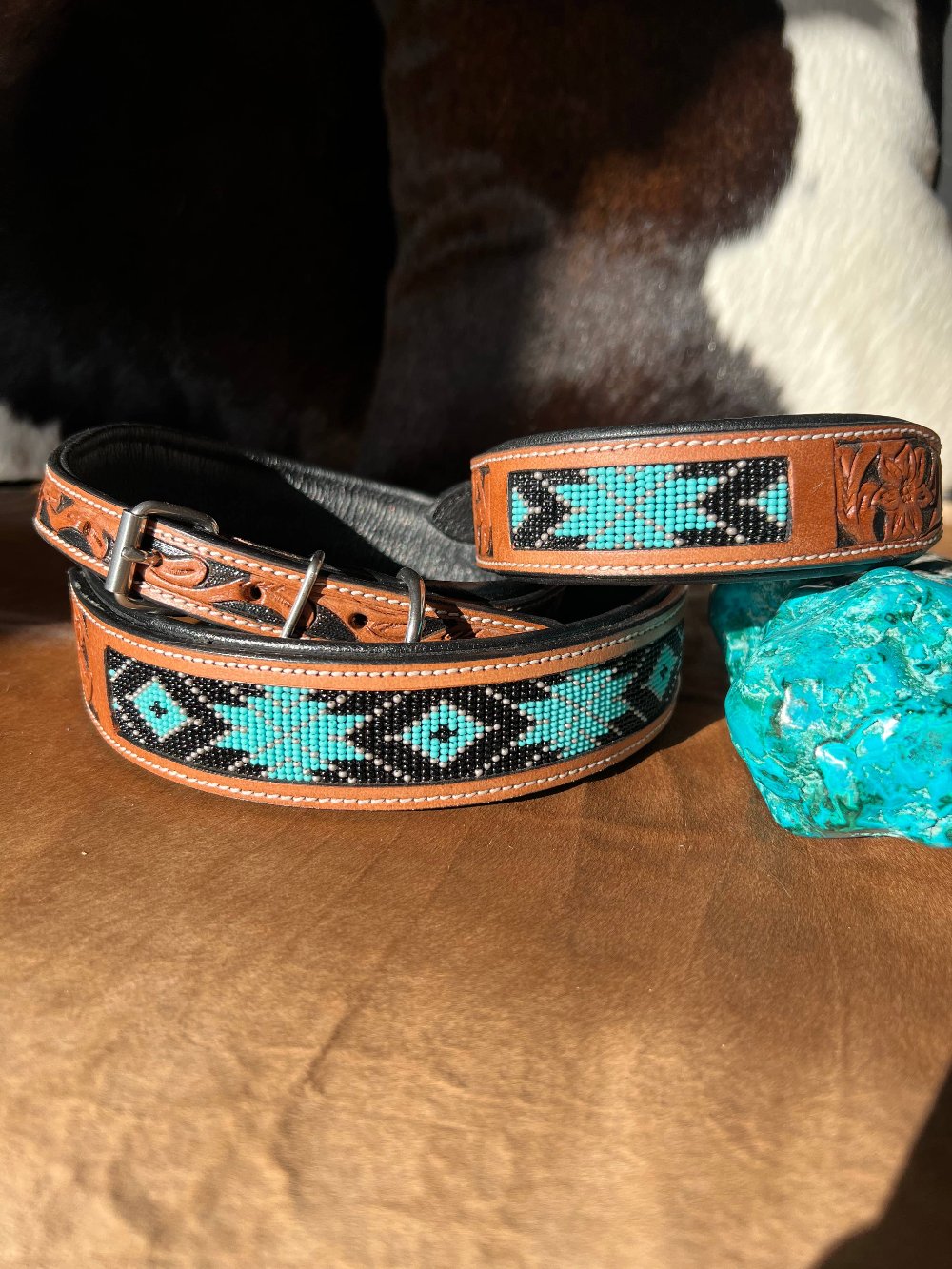 Western Leather Turquoise Black Beaded  Collar