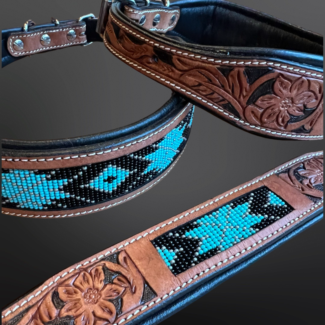 Western Leather Turquoise Black Beaded Bling Dog Collars