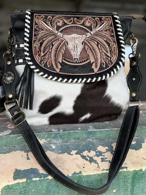 2024 Myra Genuine Hand Tooled Leather and Cowhide Purse