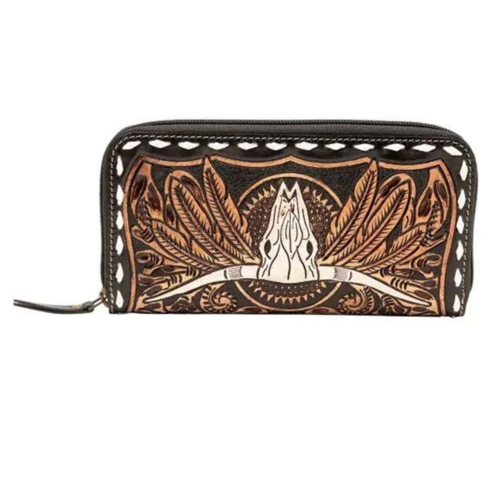 tooled western wallet with longhorn skull