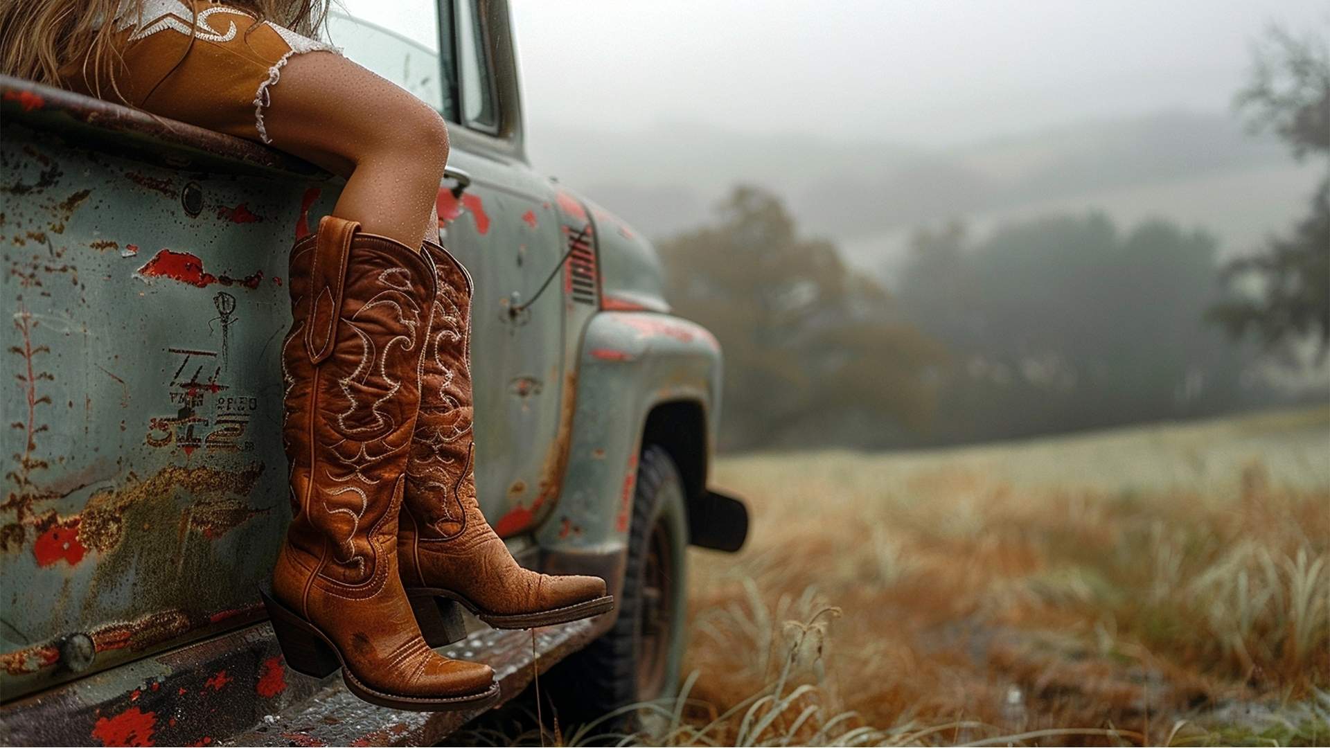 Cowgirl wearing western wear and cowboy  boots sitting on a rusted blue truck | The Rooster Den Co