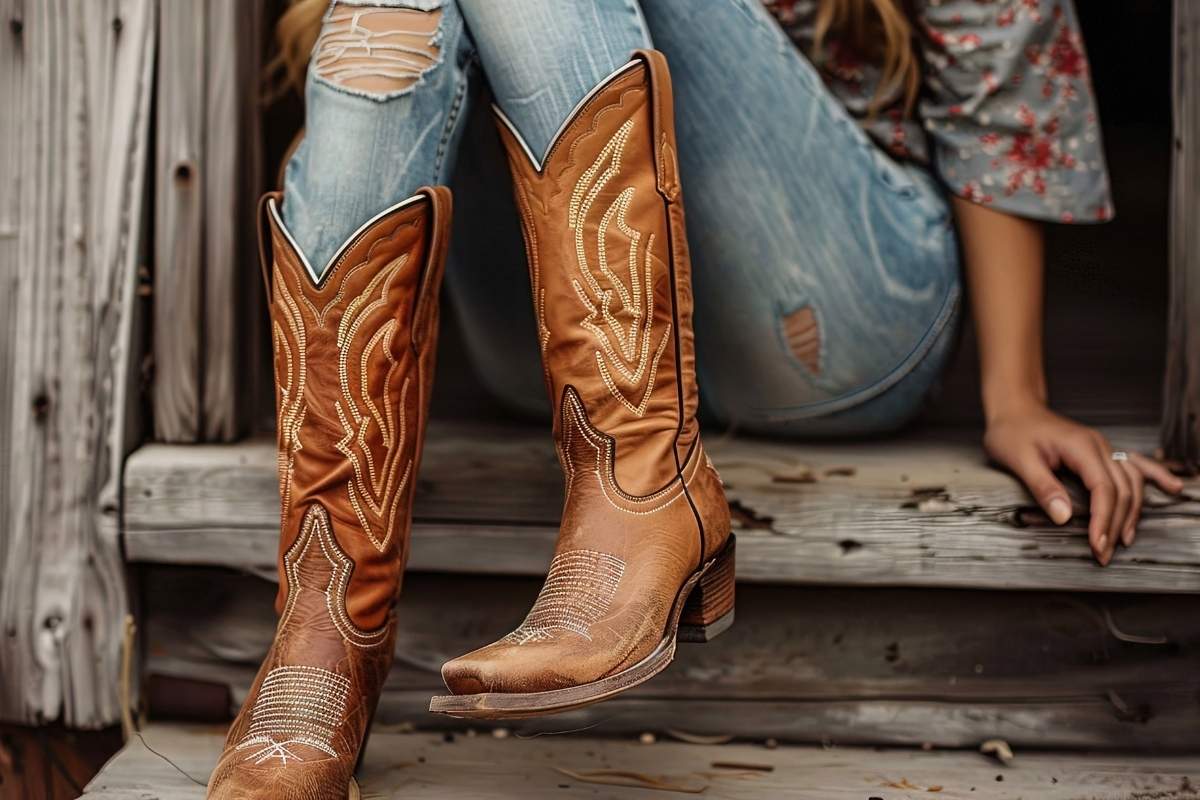 Brown cowboy boots with intricate designs | Western wear for the modern woman | The Rooster Den Co