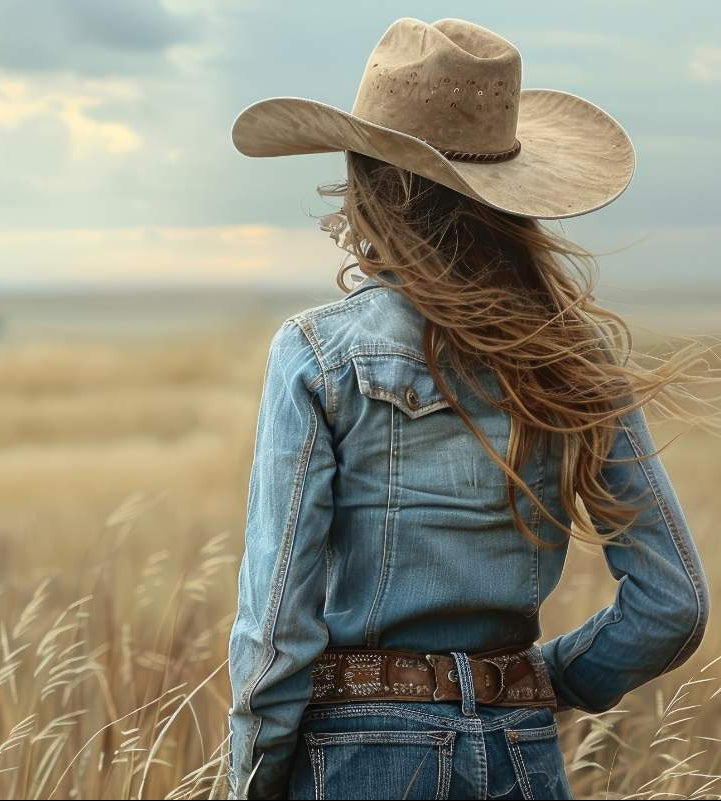 Woman wearing a cowboy hat and denim jacket | Western wear for the modern woman | The Rooster Den Co