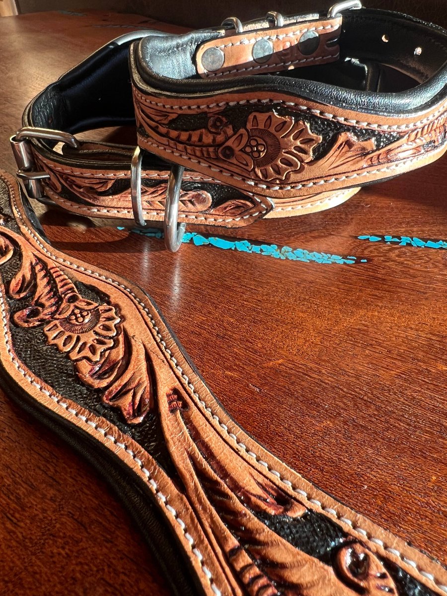 Tooled Leather Western Scalloped Floral Dog Collar: Medium